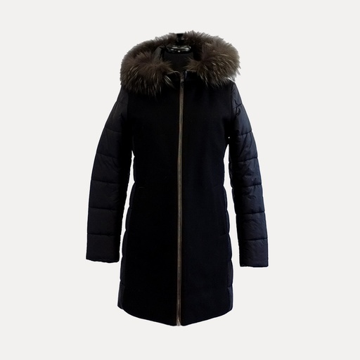 [099BK] Women Reversible Coat W/ Hood Trimmed In Raccoon/Reversible